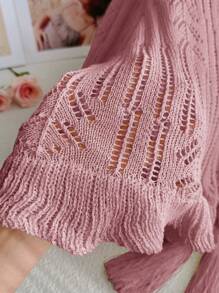 SHEIN Privé Plus Size Women's Casual Loose Bohemian Hollow Out Knit Cardigan, Tasseled Crochet Beach Coverup, Spring/Summer In Fall/Winter - Pink - View 4