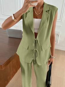 Siren Gaze 2pcs Women Suit Set: Textured Tie-Front Jacket And Pants, Casual In Fall/Winter Green - Green - View 5