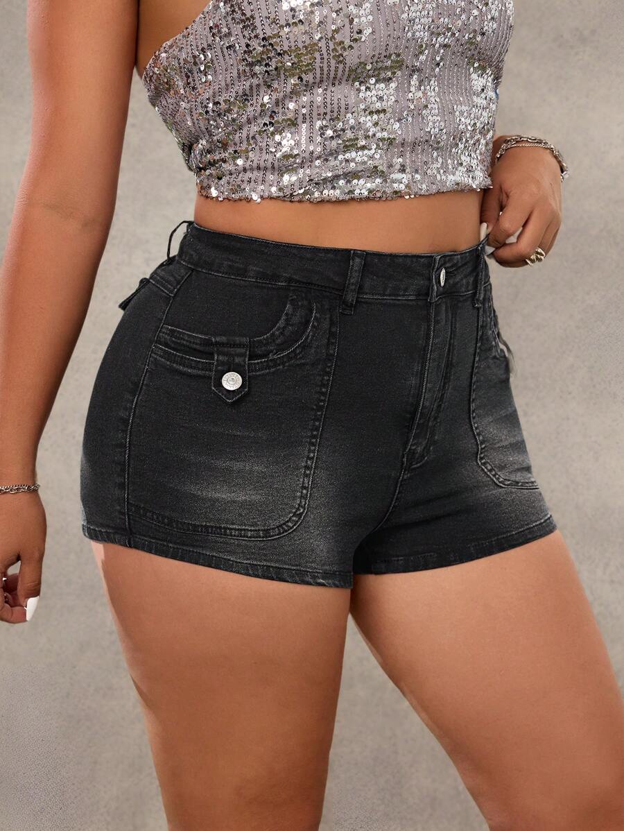 SHEIN ICON Plus Size Women Y2K Street Style Washed Elastic Denim Shorts