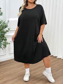 SHEIN CURVE+ Women's Plus Size Black Daily Basic Casual Simple Solid Color Side Slit Detail Round Neck Loose Short Sleeved Mid Length T-Shirt Dress - Black - View 6
