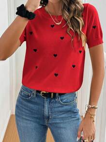 SHEIN Frenchy 女士针织心形图案圆领短袖毛衣，简约时尚 - 紅色 - 查看 4