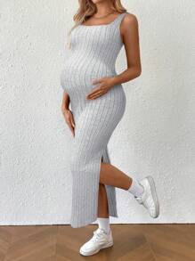 SHEIN 孕妇夏季休闲纯色扭背连衣裙 - 淺灰色 - 查看 4