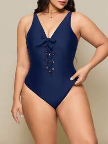 SHEIN Swim Plus Size Women's Minimalist Daily Beach Front Tie Decor Adjustable Strap One-Piece Swimsuit, Summer - Navy Blue - View 7