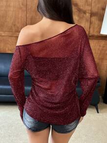 SHEIN EZwear Women's Asymmetric Neckline Glittery Mesh Batwing Long Sleeve T-Shirt,Rave Top,See Through Top - Burgundy - View 2