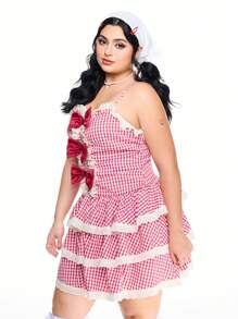 ROMWE Kawaii 大码女式 Cottagecore 可爱蝴蝶结蕾丝边红白格子印花连衣裙 - 酒紅色 - 查看 4