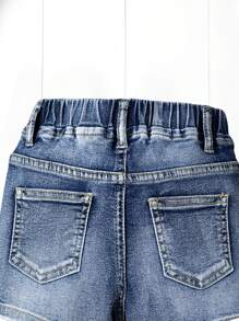 Young Girls Cute Vintage Style Washed Denim Elastic Skinny Soft Comfortable Versatile Casual Girl's Denim Shorts - Medium Wash - View 3