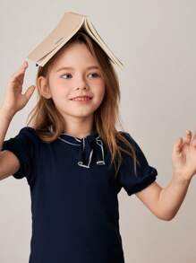 PrepCrw Set aus marineblauem T-Shirt mit Schleifen-Dekor und gestreiftem A-Linien-Rock im Collegestil für Kleine Mädchen, Frühling/Sommer - Verschiedenfarbig - Übersicht 3