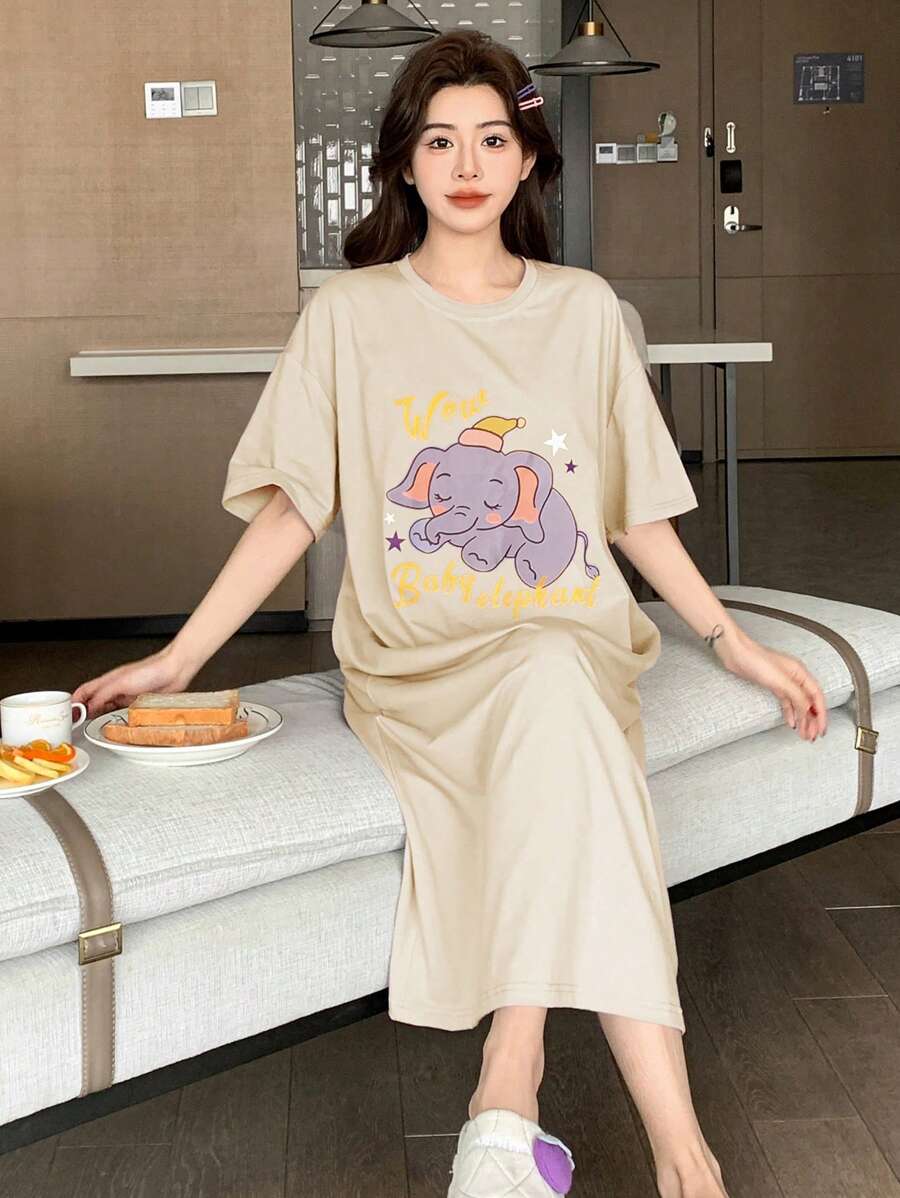 DAZY Cartoon Print Loose Fit Short Sleeve Women's Pajamas Dress - Apricot - View 1