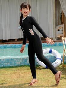 Tween Girls Floral Hollow Out Raglan Long Sleeve One-Piece Swimsuit With Pants - Black - View 5