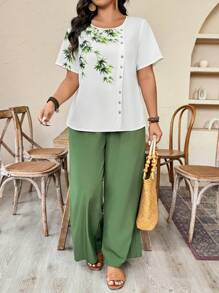 EMERY ROSE 2025 New Plant Pattern Asymmetric Button Decor Casual Loose Plus Size Women's Set - Green - View 1