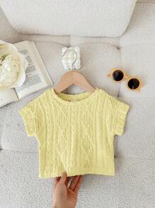 SHEIN Tween Girls' Oversized Casual Crewneck Pullover Textured Fabric Short Sleeve Cropped T-Shirt - Yellow - View 7