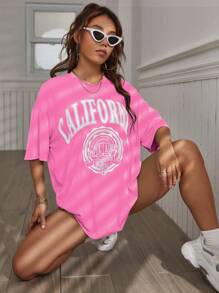 Chiquease 女士夏季宽松休闲 T 恤，带字母印花，圆领和落肩袖图案 T 恤女式上衣 - 淺粉色 - 查看 4