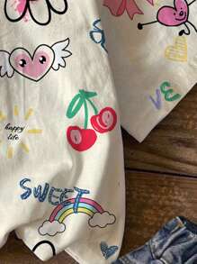 SHEIN Leap Crew Graffiti Cartoon Bow Print Oversized T-Shirt, Casual & Simple For Teen Girls, Suitable For Summer - Multicolor - View 4