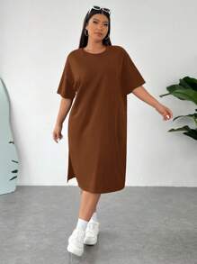 SHEIN EZwear Plus Size Women Brown Basic Casual Solid Color Side Slit Loose Short Sleeve Midi T-Shirt Dress For Summer - Brown - View 5