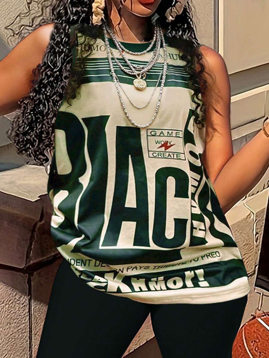 INAWLY 字母条纹印花休闲圆领背心，夏季