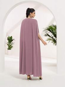 Al Najma Abaya arăbească elegantă pentru damă, bloc de culoare, îmbinare cu perle artificiale - Roz - Vizualizare 2