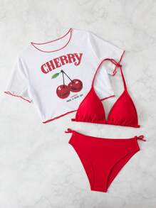 Conjunto de bikini con camiseta de manga corta blanca con estampado alegre de cerezas y lazo rojo para adolescentes, ideal para vacaciones y playa de verano