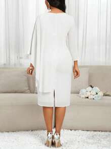 SHEIN Lady Women's Chiffon Brooch Detail Pencil Dress Wedding - White - View 2