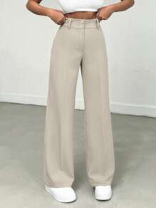 EURMUSE Women's Solid Color Elegant High Waist Long Straight Pants With Pleated And Button Details On Waist