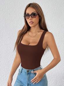 SHEIN PETITE 純色寬肩帶基礎彈性白色連身泳衣，適合嬌小女性 - 棕色 - 查看 4