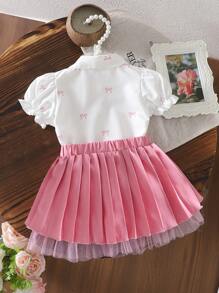 SHEIN Baby Girl Casual Cute Peter Pan Collar Butterfly Print Black Shirt And Pleated Skirt Set, For Summer - Pink - View 2
