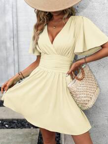 SHEIN Clasi Solid Color V-Neck Ruched Short Sleeve Long Wrap Dress - Yellow - View 4