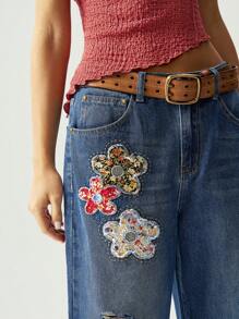 Bohemela BOHO Denim  Casual Solid Color Denim Flower Embroidery Women's Ankle Length Pants Jeans For Women Women Jeans Women Plus Clothing Pants Baggy Jeans Women Women Baggy Jeans