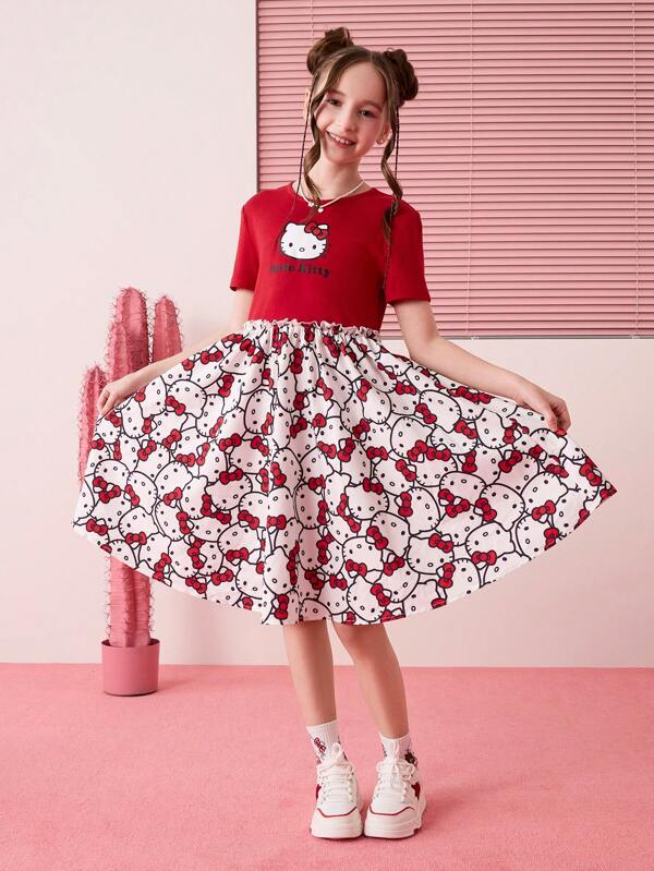 HELLO KITTY AND FRIENDS | SHEIN Tween 女童可爱图案印花红色甜美休闲短袖连衣裙