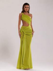 SHEIN BAE 女士性感纯色细肩带镂空超长连衣裙，夏季 - 綠色 - 查看 4