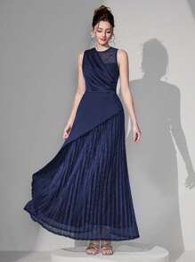 Poshira Vestido de noche elegante de mujer con contraste de tela y encaje en la cintura, vestido de fiesta para invitados de boda - Azul Marino - Ver 6