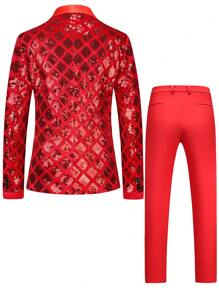 Manfinity AFTRDRK Men's Sequin Decorated Jacket & Trouser Suit Set, Minimalist & Fashionable, Suitable For Summer Men Party Outfit Prom Suits For Men Prom Suit For Men Outfit Sets Men Men Club Outfit - Red - View 2