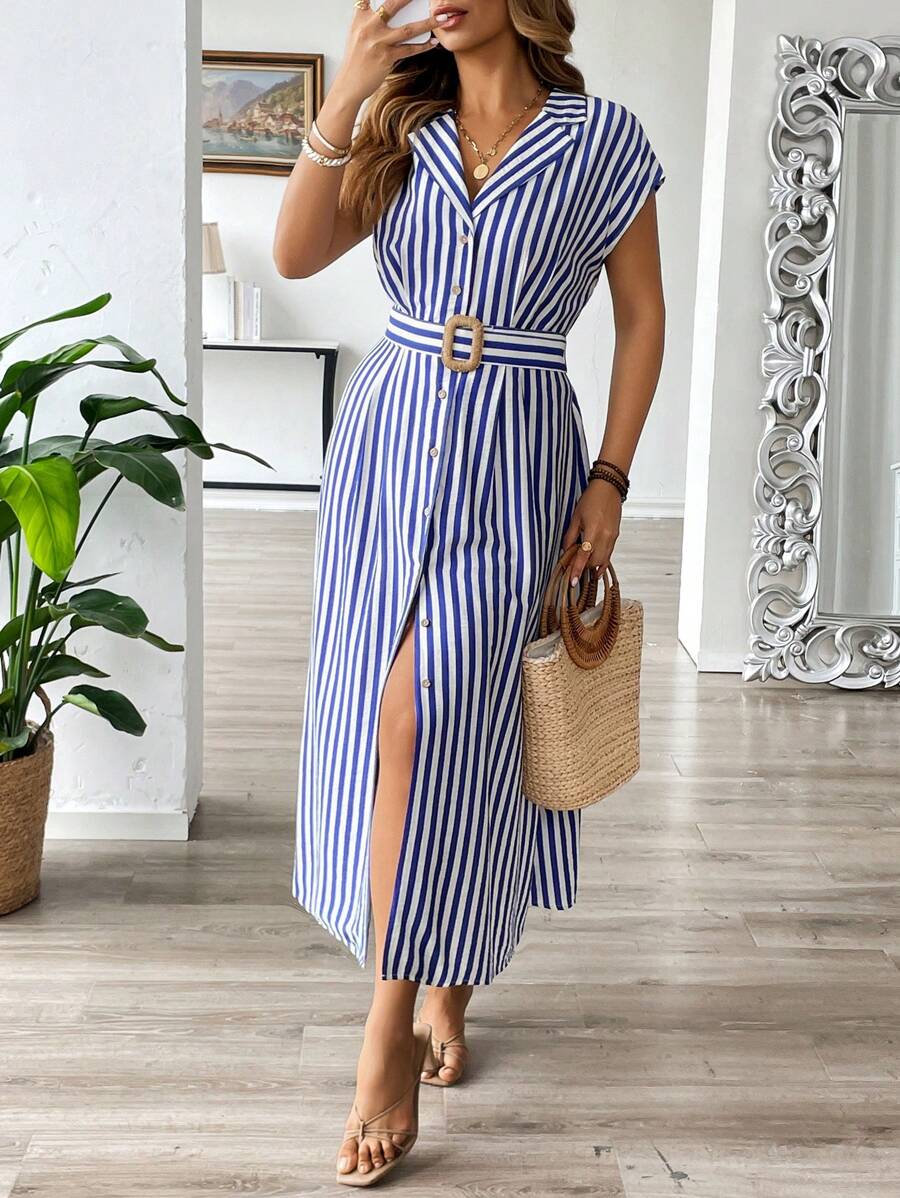 Flirla Plus Size Women's Spring/Summer Striped Casual/Work Collared Waist Belt A-Line Dress With Roll-Up Sleeves - Royal Blue - View 1