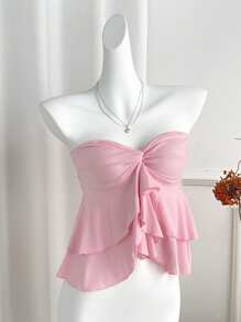 Sweetra Romantic Versatile Double Ruffle Twist Bandeau Crop Top