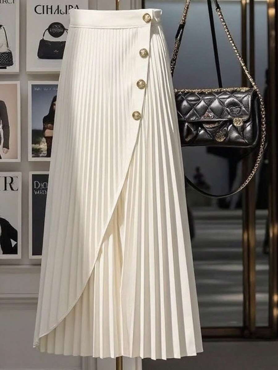 Franclia High Waist Slimming Solid Color A-Line Pleated Skirt, Versatile For Work Fall Cloth For Women