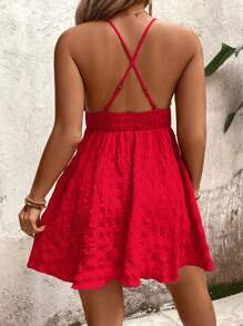 Breezaya Women Plus Size Backless Tied Waist Solid Color Casual Vacation Dress - Red - View 2