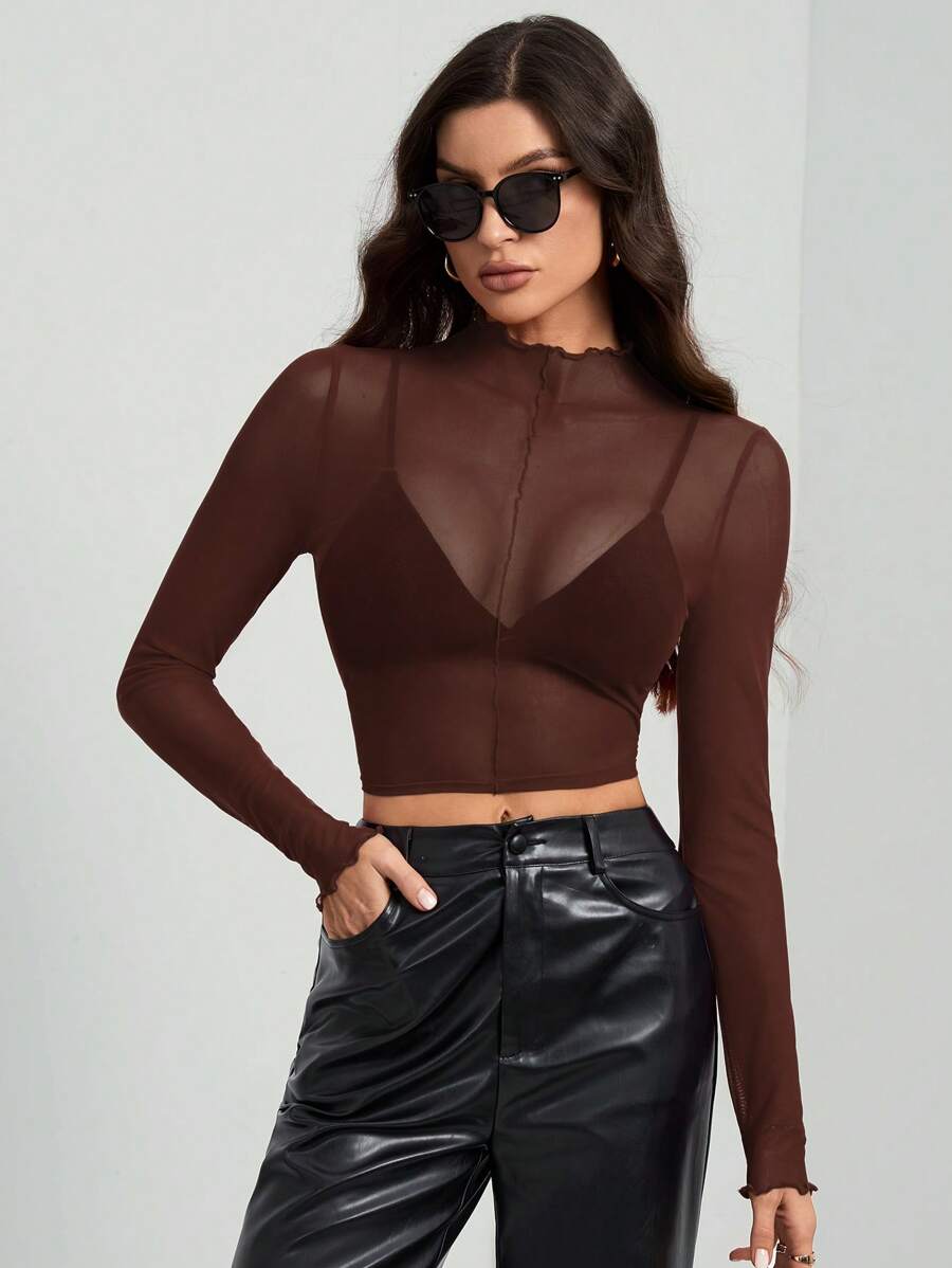 SHEIN Tall Áo cánh lưới xuyên thấu gợi cảm tay dài màu trơn cho nữ - màu nâu - Xem 1
