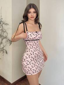 EgrlEra 女士性感束腰粉色碎花吊带背心连衣裙 - 粉色 - 查看 1