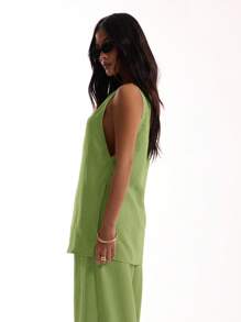 MUSERA 无袖长款亚麻质感上衣，度假海滩优雅宽松机场假日海滩婚礼宾客外出上衣，优雅春夏节日嘉年华必备。 - 橄欖綠 - 查看 4