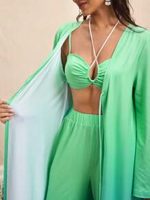 BY FELIZIA Blue Green Gradient Summer Printed Flared Long Sleeve High Slit Kimono Beachwear Maxi Kimono Vacation Swimsuit With Cover Up Bathing Suit With Cover Up Bathing Suits Cover Up Beach For Woman Swim Suits With Cover Up - Multicolor - View 7