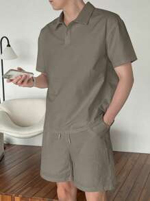 DAZY 男士夏季纯色短袖 Polo 衫和短裤套装 - 灰色 - 查看 3