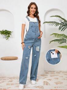 SHEIN Maternity Casual Vintage Washed Ripped Bib Overall Dungaree Pants - Medium Wash - View 1