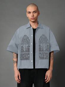 SUMWON Cathedral Window Art Print Oversized Button-Up Shirt Streetwear Gothic Architecture Design Lightweight Summer Fashion Statement Short Sleeve Button Front
