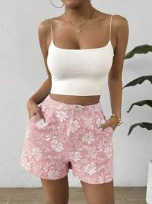 Flirla Quần short dệt kim hoa rộng rãi thời trang cắt ngẫu nhiên cho nữ - Hồng - Xem 5