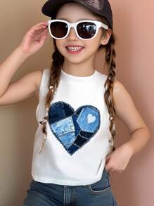 SHEIN Young Girl Casual Simple Patchwork Vintage Street Heart Graphic Crew Neck Tank Top, Suitable For Summer - White - View 3