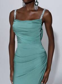 Elitara Elegant&Luxurious Beaded And Sequin Embellished Elastic Knit Ruched Backless Plunging Neckline Split Fishtail Gown For Wedding Guest,Parties,Evening - Green - View 5