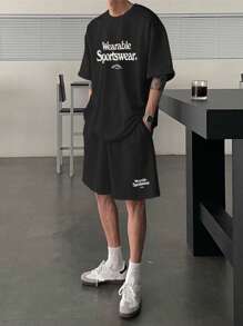 DAZY 2 pièces/set Ensemble t-shirt et short pour hommes avec imprimé lettre, noir