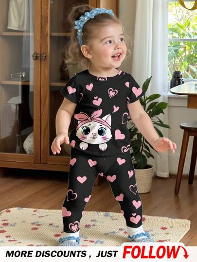 SHEIN Happikins Cute Pink Heart & Kitty Printed Baby Girl Casual Minimalist Snug Fit Short Sleeve Jumpsuit For Summer