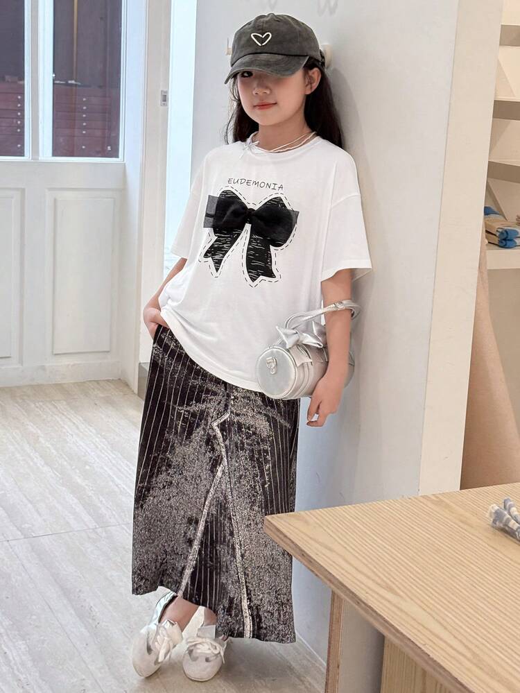 Tween Girl Round Neck Knit Printed Short Sleeve T-Shirt, Summer, Back To School Clothes