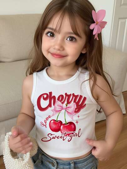 SHEIN Leap Crew Happikins Vintage Style Young Girl Casual Crew Neck Sleeveless Cherry & Bow Print Cartoon Pattern Tank Top, Suitable For Summer