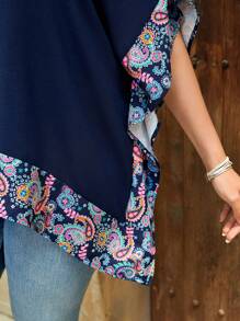 EMERY ROSE Plus Size V-Neck Patchwork Batwing Sleeve Casual Vacation Paisley Print Blouse,Vacation Summer Office Wear, Vacation, Summer Festival Boho,Holiday,Western Wear - Navy Blue - View 7